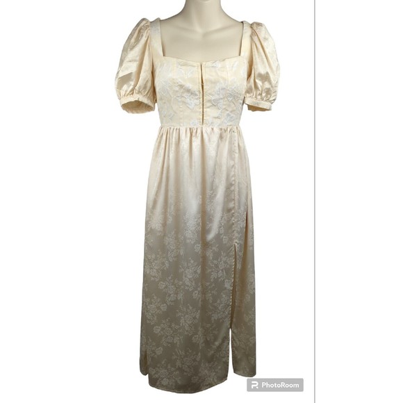 For Love & Lemons Cream Square Neck Wedding Dress Puff Sleeve Brocade Cottage XS - Picture 1 of 8